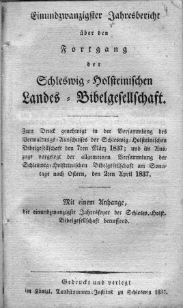 21.1837: Jahresbericht über den Fortgang der Schleswig-Holsteinischen Landes-Bibelgesellschaft