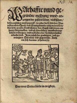 Warhaffte vnnd gegründte meldung vnnd anzaygen der geschwinden ... anschleg vnnd practick, so wider die Löblichen Protestierenden Stend ... durch die grossen Feind Gottes, den Bapst ... fürgenum[m]en ... seind