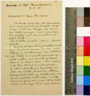 Brief des Malers Eugen Bracht an Blumner betreffend Signierung einiger Werke sowie Überlassung von Abgüssen an den befreundeten Bildhauer Robert Diez