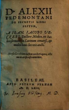 D. Alexii Pedemontani De Secretis Libri Septem