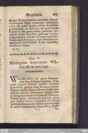 Num. IV. Privilegium Imperatoris Wilhelmi de anno 1248.