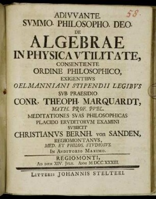 De Algebrae In Physica Vtilitate : Ad Diem XIV. Jvlii. Anni MDCCXXXIII.