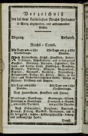 Verzeichniß der bei dem kaiserlichen Reichs-Postamte in Mainz abgehenden, und ankommenden Posten.