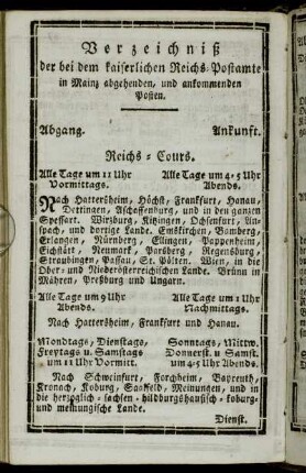 Verzeichniß der bei dem kaiserlichen Reichs-Postamte in Mainz abgehenden, und ankommenden Posten.