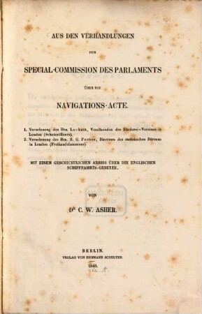 Aus den Verhandlungen der Spezial-Commission des Parlaments über die Navigations-Acte