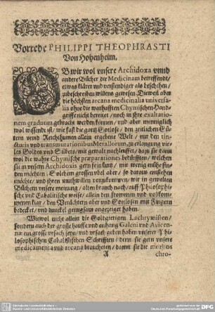 Vorrede Philippi Theophrasti. Von Hohenheim.