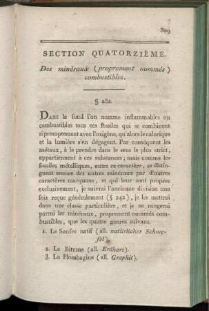 Section Quatorzième. Des minéraux (proprement nommés) combustibles.