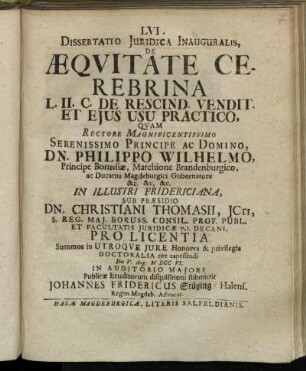 Dissertatio Juridica Inauguralis, De Æqvitate Cerebrina L. II. C. De Rescind. Vendit. Et Ejus Usu Practico