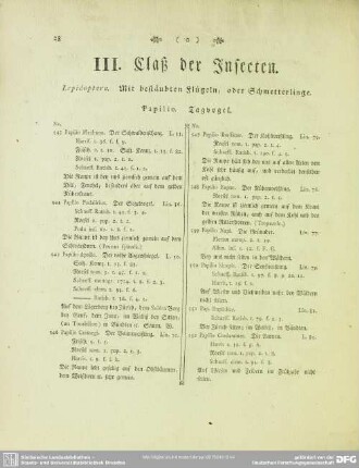 III. Claß der Insecten. Lepidoptera. Mit bestäubten Flügeln, oder Schmetterlinge