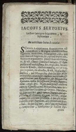 Iacobus Sertorius Lectori benigno felicitatem, & sapientiam.