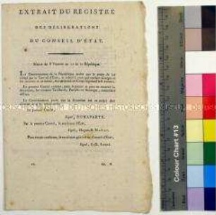 Gesetzesvorlage des ersten Konsuls Bonaparte gegen "George und seine 60 Räuber... besoldet durch England, um ein Attentat auf das Leben des Ersten Konsuls und auf die Sicherheit der Republik zu verüben", 28. Februar 1804