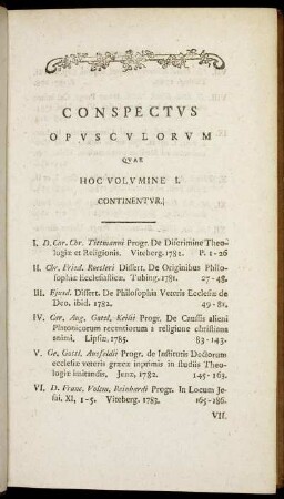 Conspectus Opusculorum Quae Hoc Volumine I.