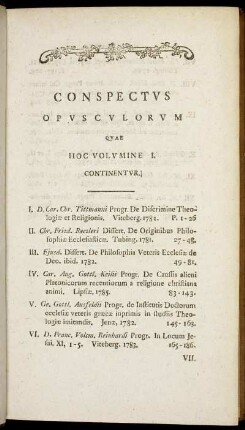 Conspectus Opusculorum Quae Hoc Volumine I.