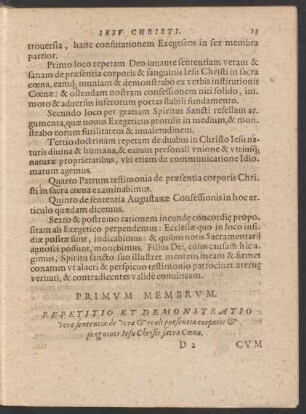 Primum Membrum. Repetitio Et Demonstratio verae sententiae de vera et reali praesentia corporis et sanguinis Iesu Christi sacra Coena.