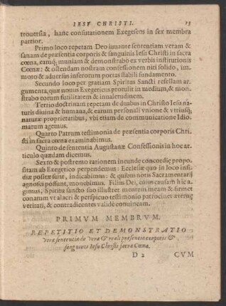 Primum Membrum. Repetitio Et Demonstratio verae sententiae de vera et reali praesentia corporis et sanguinis Iesu Christi sacra Coena.