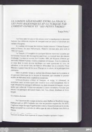 La Liaison Légendaire Entre La France, Les Pays Balkaniques Et La Turquie Par L'Orient-Express Et "Ses Petits Frères" Tanju İnal