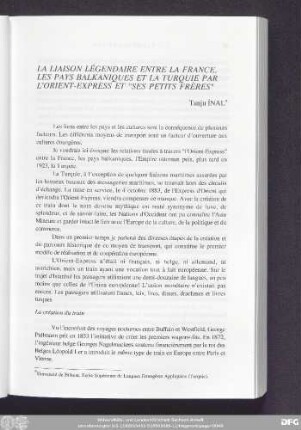 La Liaison Légendaire Entre La France, Les Pays Balkaniques Et La Turquie Par L'Orient-Express Et "Ses Petits Frères" Tanju İnal