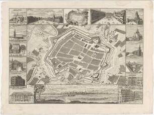 Stadtplan Leipzig, ca. 1:4 000, Kupferstich, um 1740 : Grundriss der Königl. Polnisch-Meisnischen, zum Leipziger Creis gehörigen berühmten Handels-Stadt Leipzig. - [Ca. 1:4 000]. - [S.l.] , [ca. 1740]. - 1 Kt. : Kupferst. ; 46 x 26 cm, Bildgr. 59 x 41 cm
