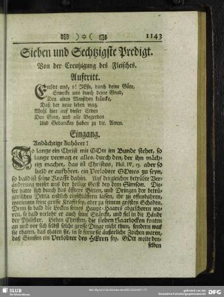 Sieben und Sechtzigste Predigt. Von der Creutzigung des Fleisches
