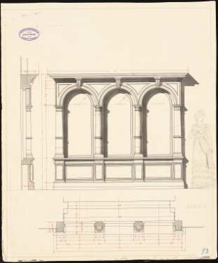 Neues Theater (Oper), Frankfurt/Main: Fassadendetail mit Fenstern: Ansicht und Schnitte 1:10, (Variante zu Inv.Nr. 1464)