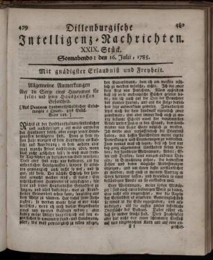 XXIX. Stück. Sonnabends: den 16. Julii, 1785.