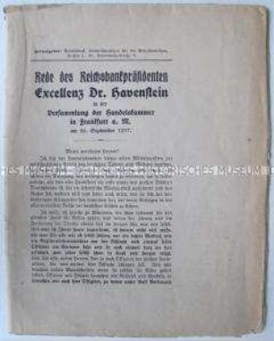 Sonderdruck mit der Rede von Reichsbankpräsident Havenstein auf einer Versammlung der Handelskammer