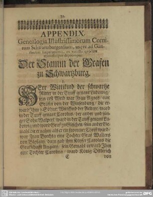 Appendix. Genealogia Illustrissimorum Comitum Schwartzburgensium, usque ad Güntherum Imperatorem, ex vetusto quodam manuscripto deprompta ...