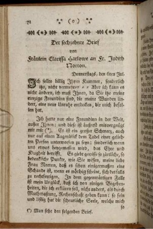 Der sechszehnte Brief von Fräulein Clarissa Harlowe an Fr. Judith Norton. - Der zwanzigste Brief. Die Fortsetzung von Fräulein Clarissa Harlowe.