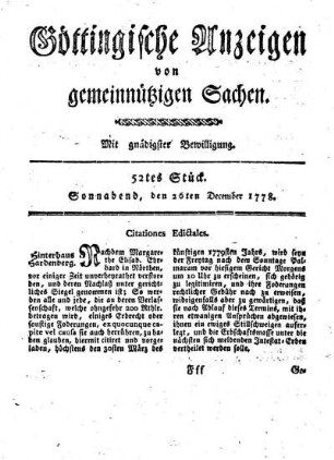 52tes Stück. Sonnabend, den 26ten December 1778.
