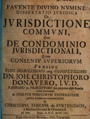 Diss. iur. de iurisdictione communi, sive de condominio iurisdictionali