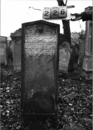 Grabstein 226 (Index: 99752123) Material: Sandstein Zustand: stark verwittert mit Textverlust Maße HxBxT: 123x40x16 cm Beschreibung: Stele, gieblartiger Abschluß, Schriftfeld eingetieft Symbolik: Blüte: Grabstein 226