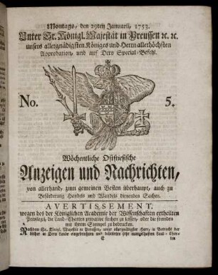 No. 5. Montags, den 29ten Januarii, 1753.