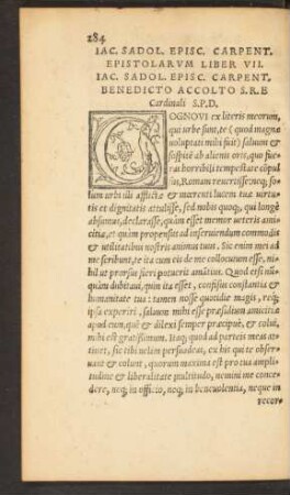 Iac. Sadol. Episc. Carpent. Epistolarum Liber VII.