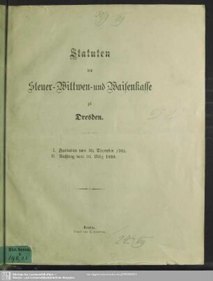 Statuten der Steuer-Wittwen- und Waisenkasse zu Dresden