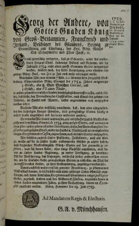 Verbot und Strafe des Handels mit Herzoglich-Mecklenburgischen Münzen mit Stempel der Jahreszahl 1754 [gedruckte Verordnung].