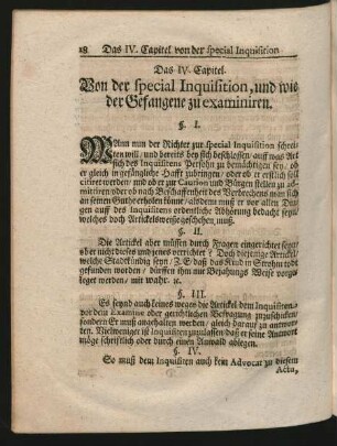 Das IV. Capitel. Von der special Inquisition, und wie der Gefangene zu examiniren.