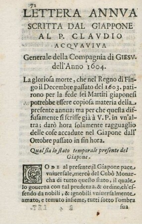 Lettera annua Scritta dal Giappone al P. Claudio Acquaviva. Generale della Compagnia di Giesu. dell'anno 1604