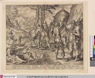 [Du sollst nicht begehren deines Nächsten Haus, noch seine Diener, noch seinen Ochsen, noch seinen Esel / Jakob handelt mit Laban um seinen Anteil an der Herde; Thou shalt not covet thy neighbour's house, nor his servants, nor his ox, nor his ass / Jacob bargaining with Laban on his share of the herd]