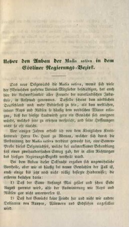 Ueber den Anbau der Madia sativa in dem Cösliner Regierungs-Bezirk.