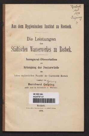 Die Leistungen des Städtischen Wasserwerkes zu Rostock
