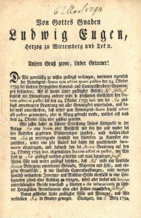 Dekret von Herzog Ludwig Eugen an seine Amtleute zur Einsendung einer Vermögensrechnung mit Stand 24.10.1793 (Todestag Herzog Carl)