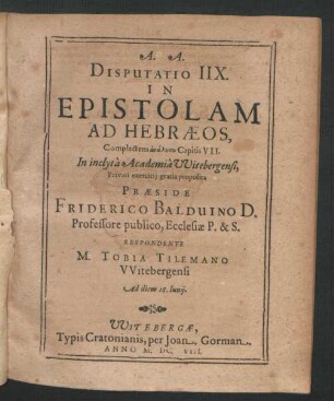 Disputatio IIX. In Epistolam Ad Hebraeos : Complectens analysin Capitis VII.