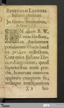 Benevolo Lectori Salutem plurimam D. Jo. Georg. Neumannus, SS. Theol. D. P. P.
