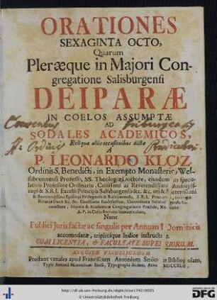 Orationes Sexaginta Octo, Quarum Pleraeque in Majori Congregatione Salisburgensi Deiparae In Coelos Assumptae Ad Sodales Academicos
