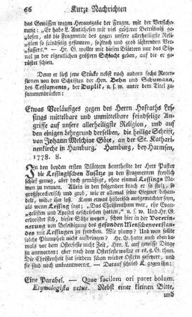 Eine Parabel, nebst einer kleinen Bitte und einem eventualen Absagungsschreiben an den Herrn Pastor Göze in Hamburg.