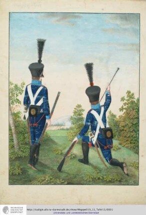Abbildung Des Gros[s]herzoglich Hessischen Militair. [Tafel 11: Leib-Regiment; Ein Soldat der zweiten und ein Soldat der vierten Kompanie in Rückansicht]. S.l.e.a. [ca. 1813/14]