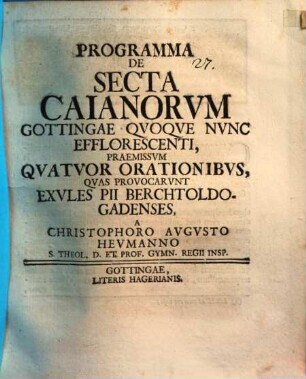 Programma de secta Caianorum Gottingae quoque nunc efflorescenti