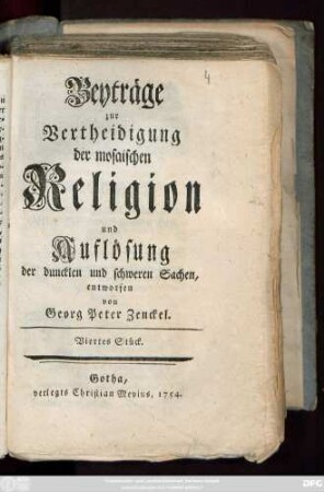 Stück 4: Beyträge zur Vertheidigung der Mosaischen Religion und Auflösung der schweren und strittigen Puncte