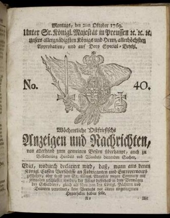 No. 40. Montags, den 2ten Oktober 1769.