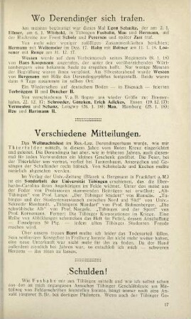 17 Wo Derendinger sich trafen. Verschiedene Mitteilungen. Schulden!